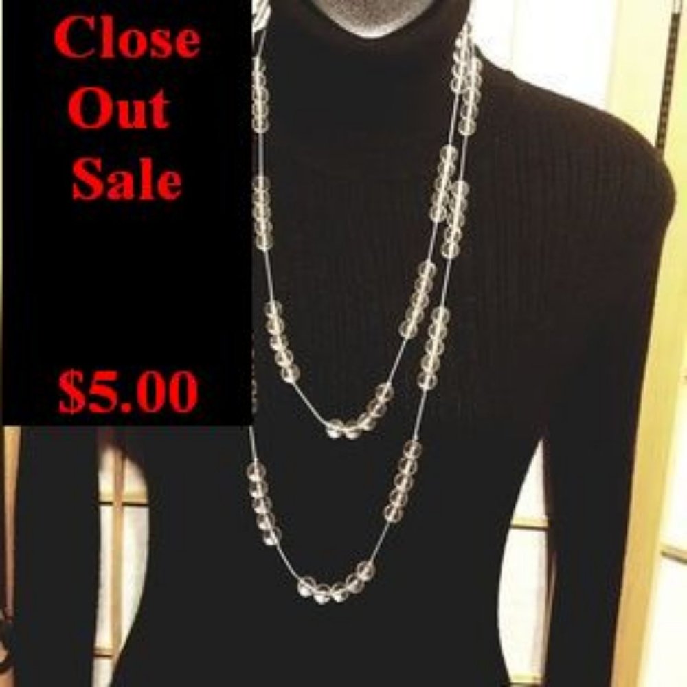 Clear Beads on Long Silvertone Chain Costume Jewel